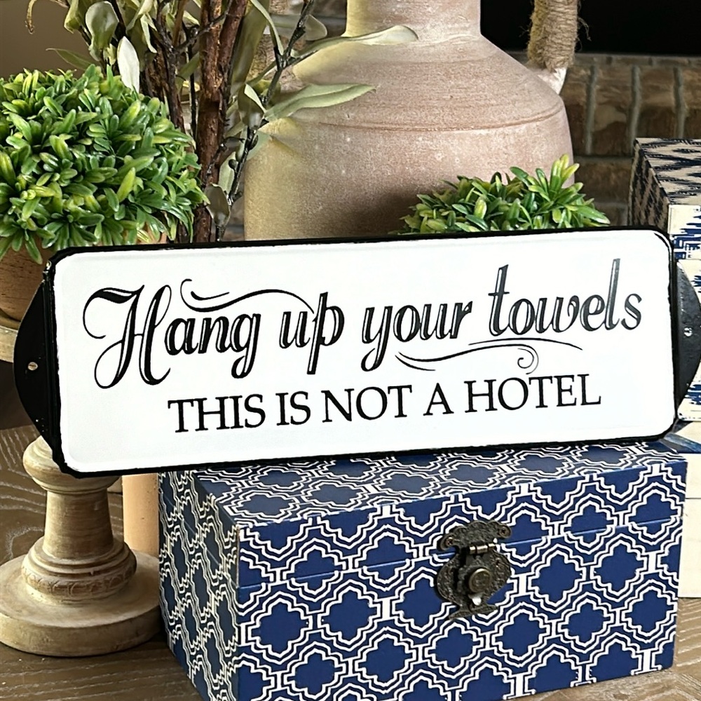 NEW! Modern Rustic Farmhouse Black & White Distressed Metal Bathroom Towel Sign